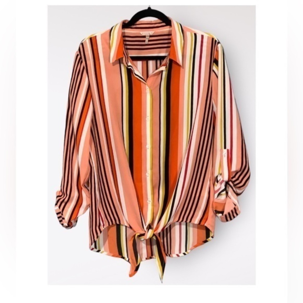 Esqualo Orange Multicolor Stripe Tie Front Tab Sleeves Button Front Blouse Sz 8